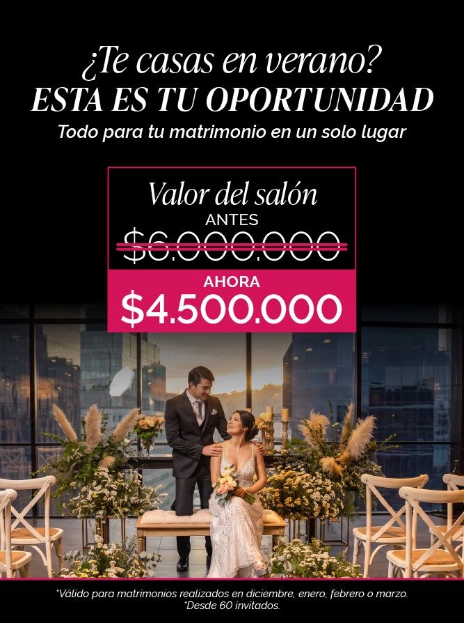 Promoción de matrimonios de verano: salón de $6.000.000 a $4.500.000 en Piso 18